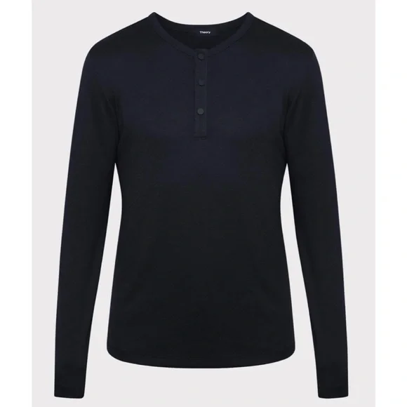 THEORY • Dark Grey Snap-Button Henley Long Sleeve Shirt